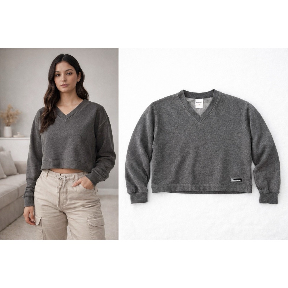 Champion V Neck Sweatshirt Gray Cropped Medium‎ Vintage  90s 2000s Y2K